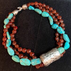 Vintage Turquoise and Gemstone Beaded Necklace with Silver Accents